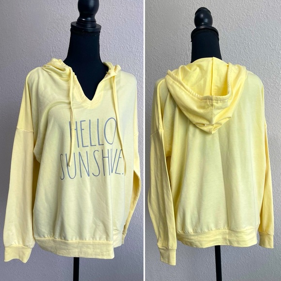 RAE DUNN. Yellow Hooded Sweatshirt w/Drawstring Graphic Print “HELLO SUNSHINE” - Picture 4 of 16